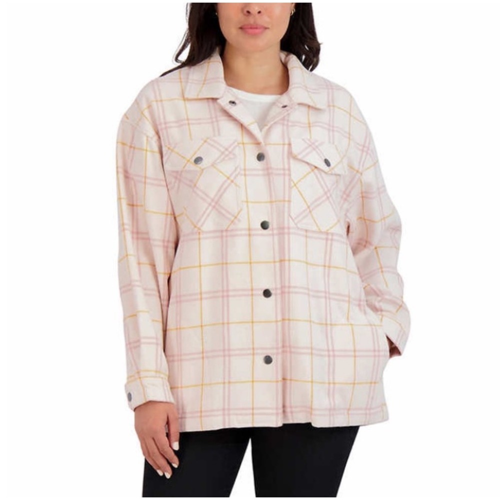 HFX Womens Size M Pink Plaid Button Front Long Sleeve Shirt Jacket Shacket Chore